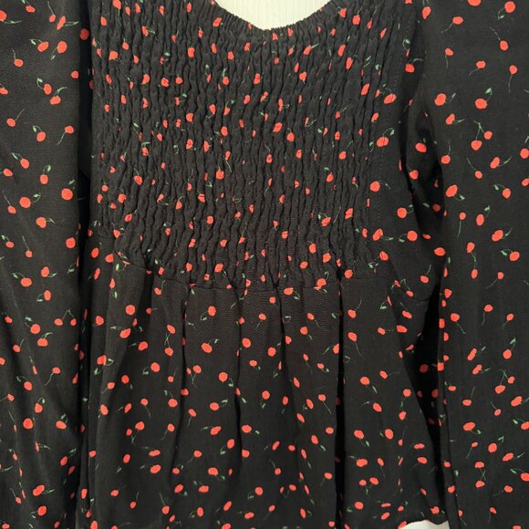 EUC, Free People Julia Cherry Print Blouse, Smocked Back, Black, Size L - Picture 11 of 14